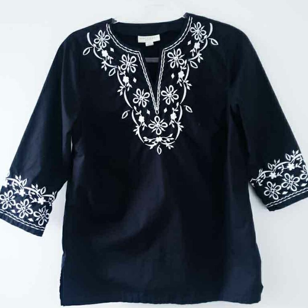 Appleseed's Black Tunic White Embroidery PS Petite, Cotton, 3/4 Sleeves, Neutral - Picture 1 of 4